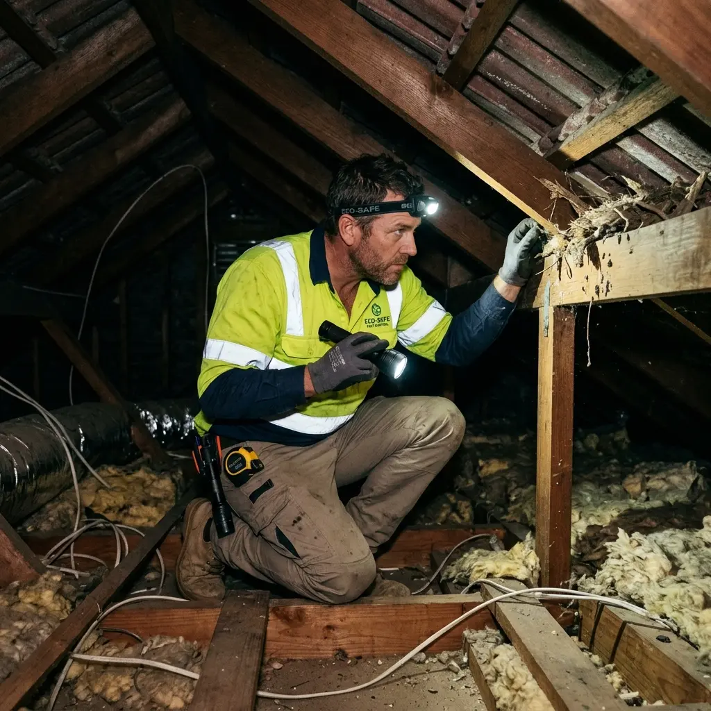 Technician inspecting a roof cavity for a dead animal in Springvale